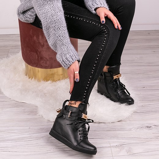 Sneakersy damskie Royalfashion.pl sznurowane czarne młodzieżowe bez wzorów na koturnie 