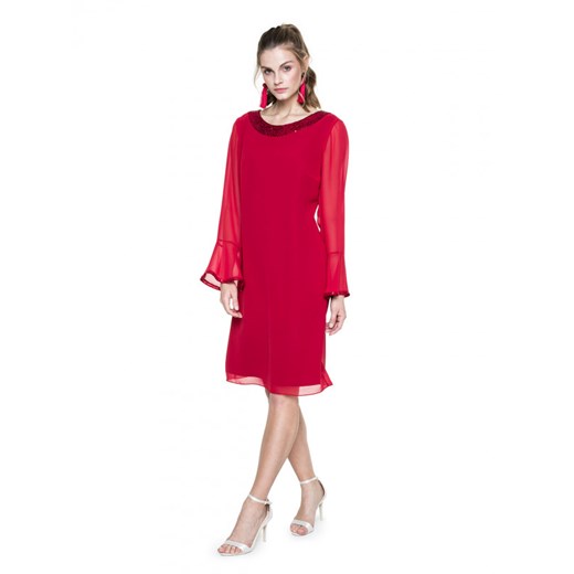 Sukienka L’af z aplikacjami  czerwona trapezowa z okrągłym dekoltem midi z długim rękawem na randkę 