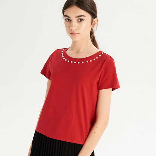 Czerwona bluzka damska Sinsay z okrągłym dekoltem 