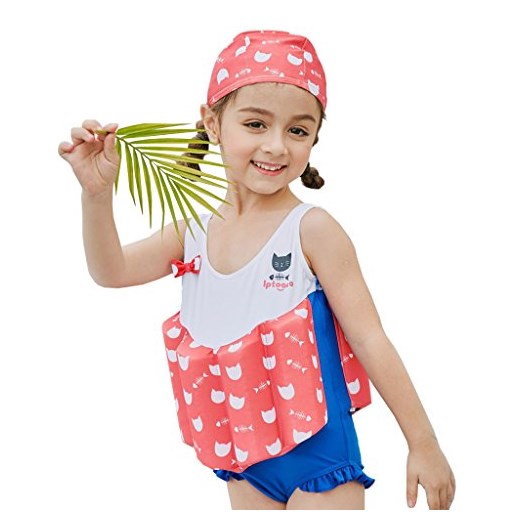 Kostium kąpielowy dziewcząt jednoczęściowy strój kąpielowy moda kąpielowa Boje- – dzieci z pomoc do pływania ubiory bez rękawów Float Suit niemowlę boi i czepek pływacki, kolor: czerwony