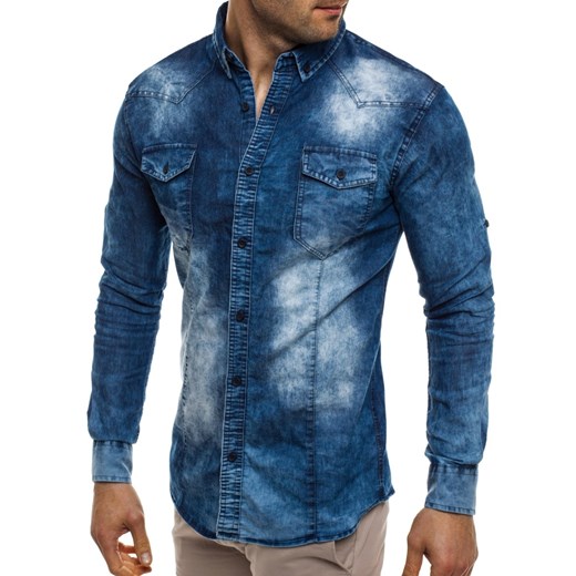 Koszula męska Ozonee.pl z długimi rękawami niebieska jeansowa 