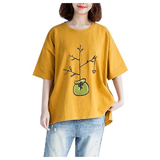 ELLAZHU damska moda lato karykatura nadruk środek rękawy t-shirt GA1221, kolor: żółty