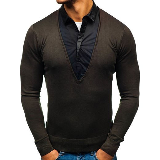Sweter męski 2w1 z koszulą khaki Denley 88132 Denley  2XL promocja  