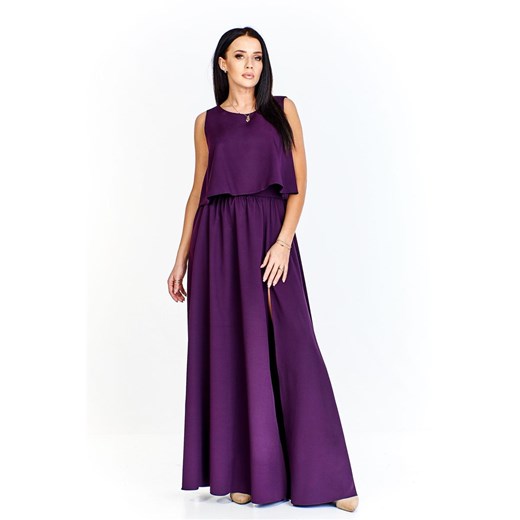 Sukienka Fokus fioletowa maxi gładka z poliestru bez rękawów z okrągłym dekoltem elegancka 