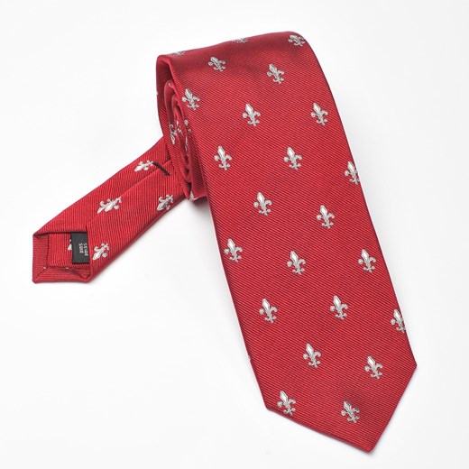 Elegancki czerwony krawat jedwabny Ascot w srebrne lilijki