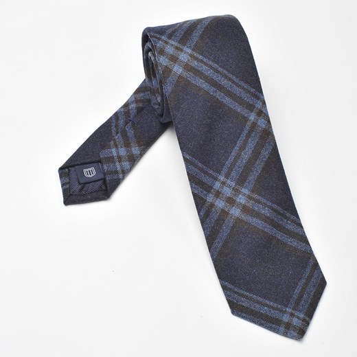 Granatowy krawat wełniany w błękitną i brązową kratę, wąski 6,5cm