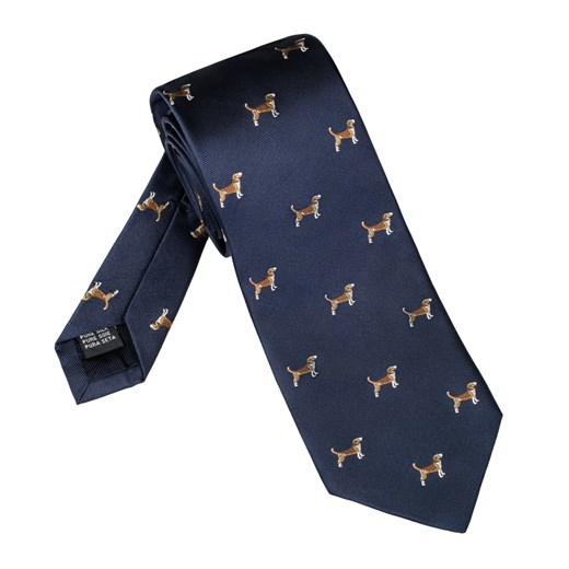 Elegancki granatowy krawat jedwabny Laco w psy rasy beagle