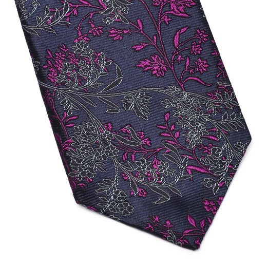 Granatowy krawat Hemley we wzór roślinny w kolorze fuksji