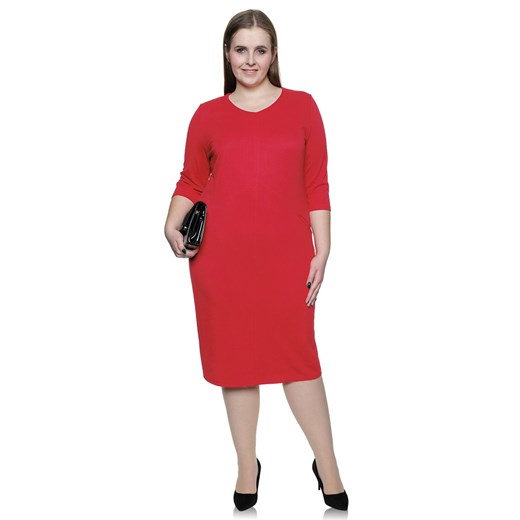 Sukienka elegancka czerwona biznesowa z długim rękawem midi 