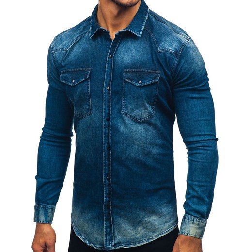 Koszula męska jeansowa z długim rękawem granatowa Denley 2063 Denley  XL okazja  