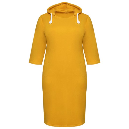 Sukienka midi żółta na co dzień bez wzorów dresowa z długim rękawem z okrągłym dekoltem 
