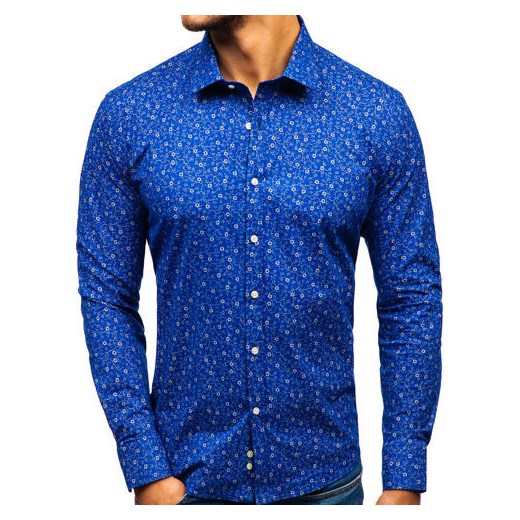 Koszula męska we wzory z długim rękawem niebieska 201G64 Denley  2XL promocyjna cena  