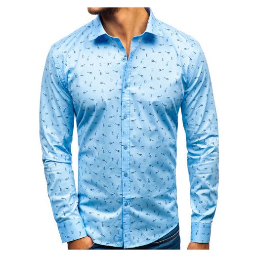Koszula męska we wzory z długim rękawem błękitna 201G24 Denley  L wyprzedaż  