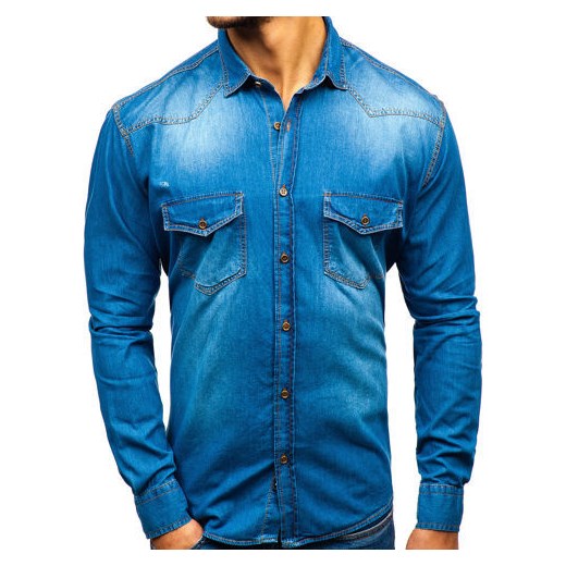 Koszula męska jeansowa z długim rękawem niebieska Denley 1331  Denley XL  okazja 