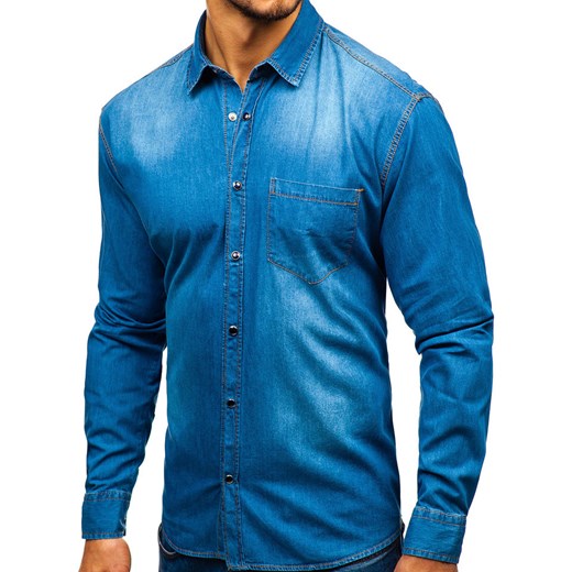 Koszula męska jeansowa z długim rękawem niebieska Denley 1316  Denley L wyprzedaż  