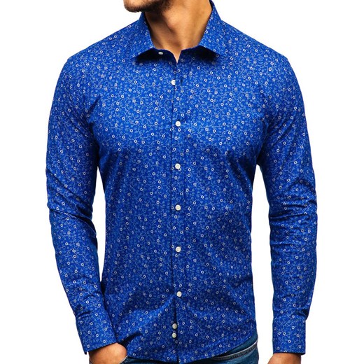 Koszula męska we wzory z długim rękawem niebieska 201G64  Denley XL okazja  