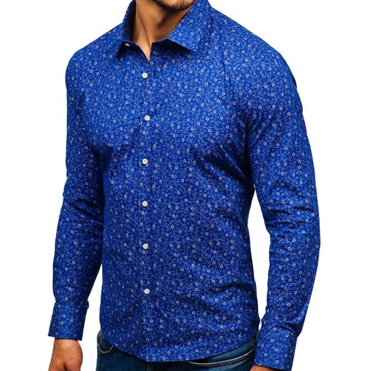 Koszula męska we wzory z długim rękawem niebieska 201G64  Denley S  wyprzedaż 