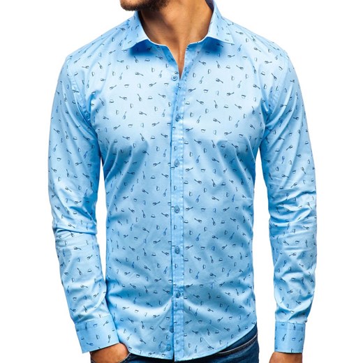 Koszula męska we wzory z długim rękawem błękitna 201G24  Denley L promocja  