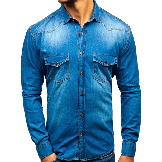 Koszula męska jeansowa z długim rękawem niebieska Denley 1331  Denley L  okazyjna cena 