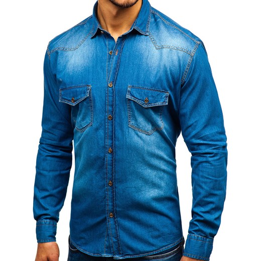 Koszula męska jeansowa z długim rękawem niebieska Denley 1331  Denley XL okazja  