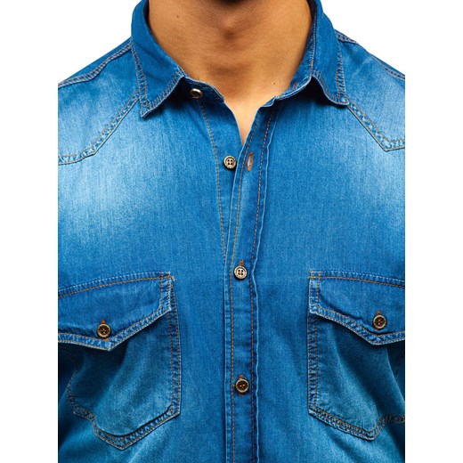 Koszula męska jeansowa z długim rękawem niebieska Denley 1331 Denley  L promocja  