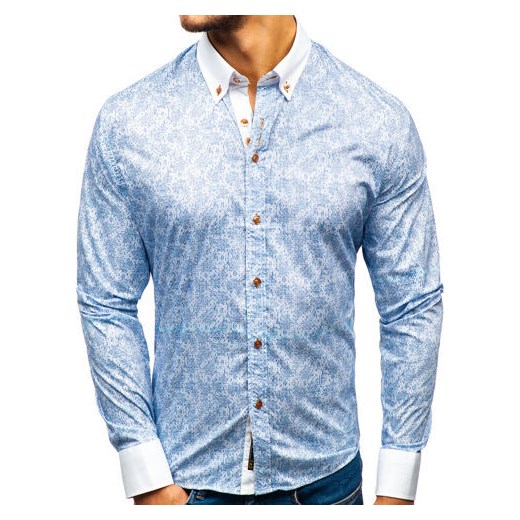 Koszula męska we wzory z długim rękawem błękitna Bolf 8842  Denley 2XL okazyjna cena  