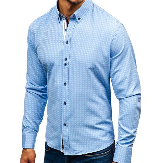 Koszula męska we wzory z długim rękawem błękitna Bolf 8841  Denley L promocyjna cena  