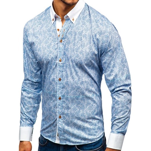Koszula męska we wzory z długim rękawem błękitna Bolf 8842 Denley  M  okazja 
