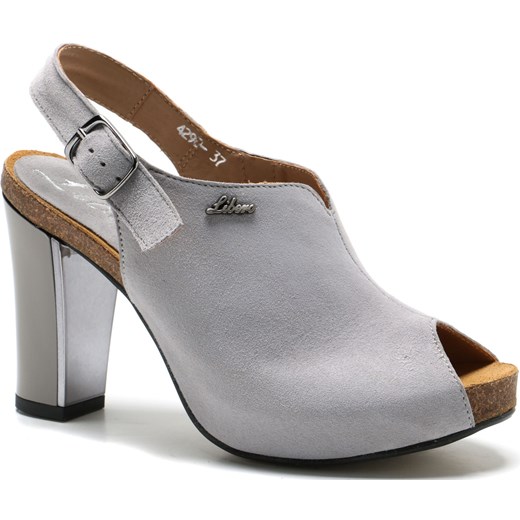 Libero sandały damskie szare gładkie z klamrą eleganckie na obcasie 