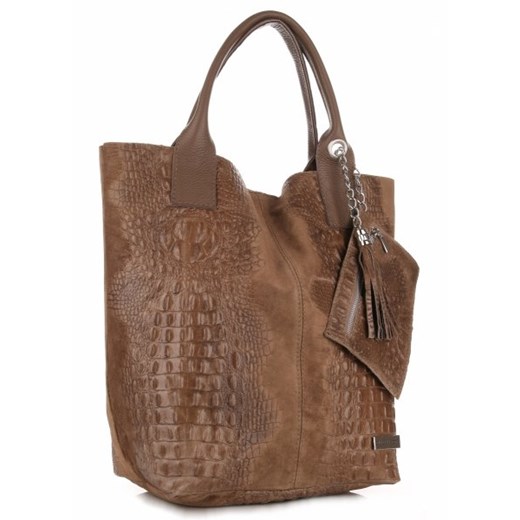 Shopper bag Genuine Leather z frędzlami ze skóry duża z tłoczeniem 