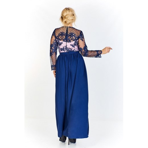 Wieczorowa sukienka maxi z wyszywaną górą i rękawami ze wzorem imitującym siatkę, swobodny dół  Quarelle S ptakmoda.com