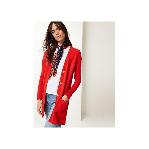 Czerwony sweter damski Marks & Spencer gładki z dekoltem w literę v 