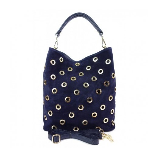 Shopper bag Vera Pelle duża niebieska zdobiona na ramię bez dodatków 