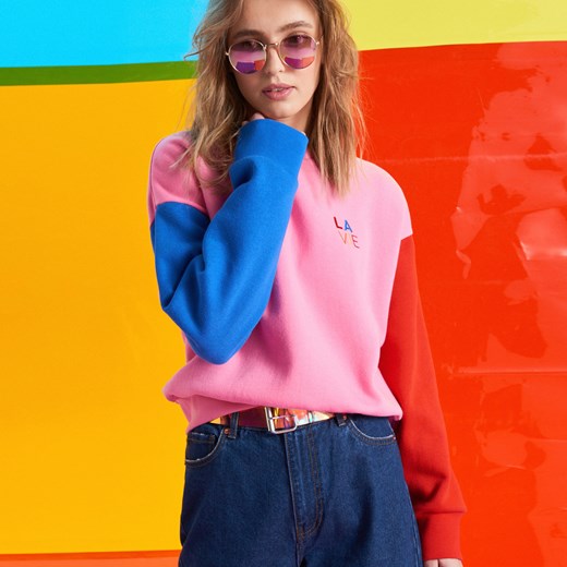 Cropp - Bluza z kolorowymi rękawami - Różowy  Cropp L 