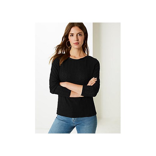Ribbed Round Neck Open Knit T-Shirt