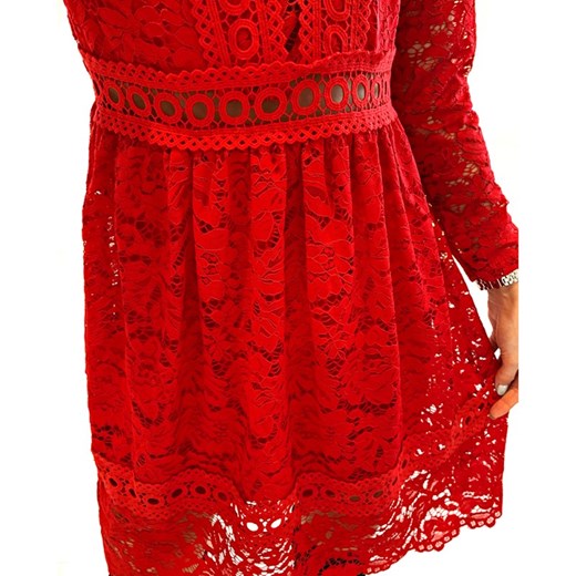 Magmac sukienka czerwona elegancka skórzana rozkloszowana na wesele z golfem mini 