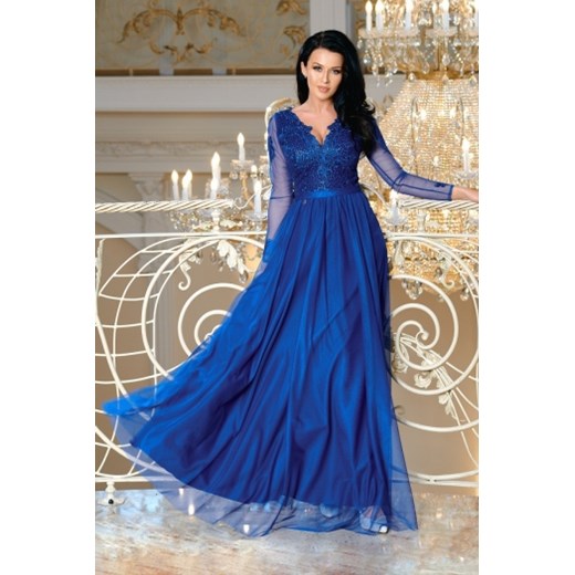 Sukienka Bicotone niebieska maxi z długim rękawem na karnawał koronkowa 
