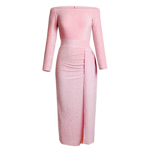 Sukienka różowa z odkrytymi ramionami elegancka na wesele maxi 