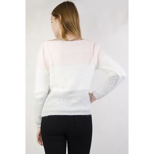 Włochaty sweter w różowo-biało- szare pasy Olika  uniwersalny olika.com.pl