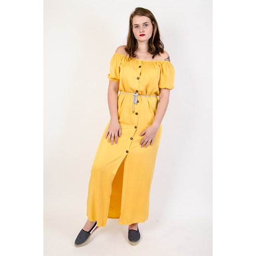 Sukienka Olika z dekoltem typu hiszpanka oversize'owa żółta gładka na spacer maxi 