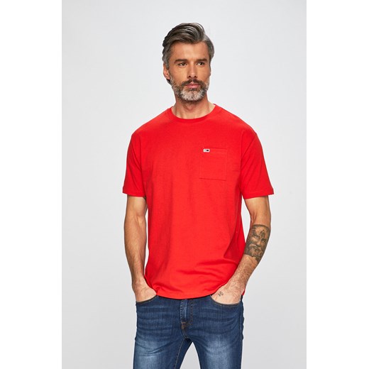 T-shirt męski Tommy Jeans czerwony z krótkim rękawem bawełniany 