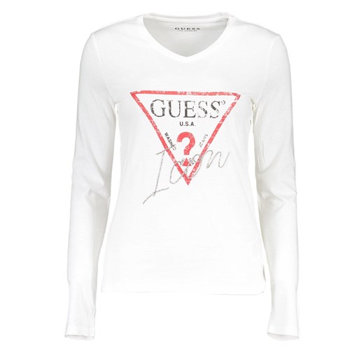 Bluzka damska Guess Jeans na jesień biała z napisami z dekoltem v 