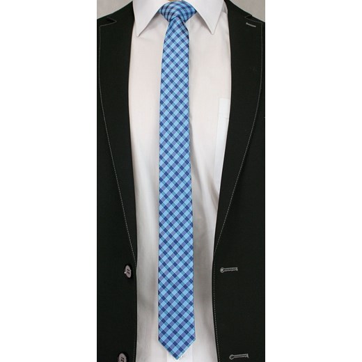 Niebieski Stylowy Krawat (Śledź) Męski w Drobną Kratkę -ALTIES- 5 cm, Wąski KRALTStani0222 Alties   JegoSzafa.pl