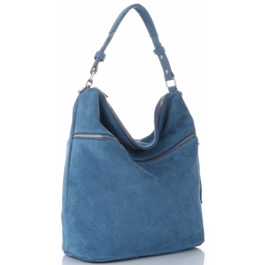 Genuine Leather shopper bag niebieska mieszcząca a7 skórzana 