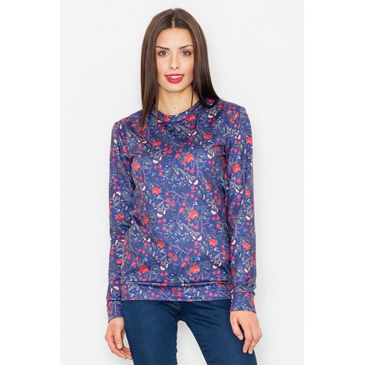 Granatowa Klasyczna Bluza w Kolorowe Kwiaty