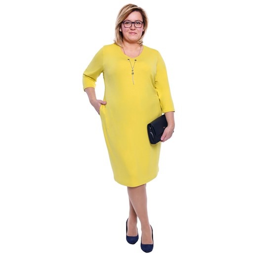 Sukienka żółta midi z długimi rękawami do pracy dla puszystych 