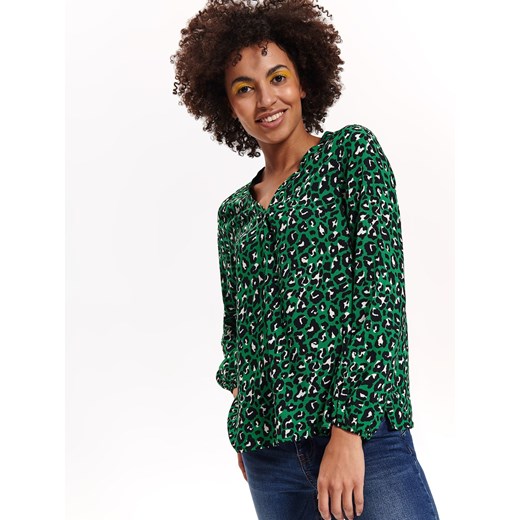 Bluzka damska zielona Top Secret tkaninowa z dekoltem v z długim rękawem 