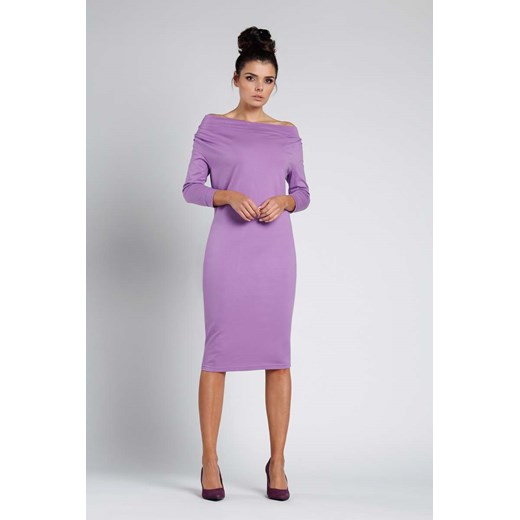 Sukienka Nommo bez wzorów z długim rękawem fioletowa midi elegancka 