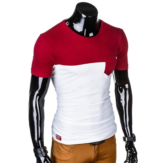 T-shirt męski bez nadruku S1014 - bordowy/biały