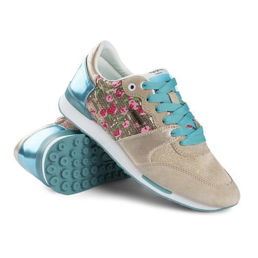 Pepe Jeans buty sportowe damskie sneakersy w stylu młodzieżowym w kwiaty na koturnie beżowe wiązane 